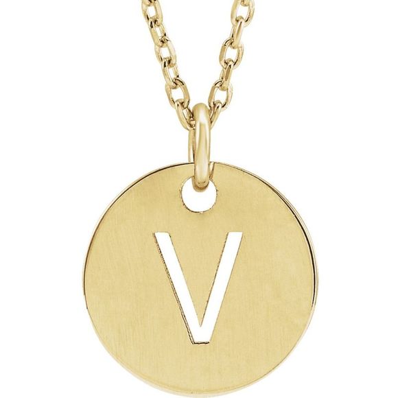14k Yellow Gold Initial V Small 10mm Pierced Disc Necklace 16-18 In.